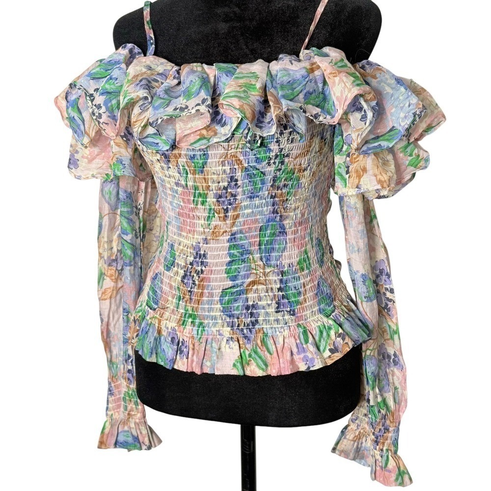 Fairycore Pastel Floral Chiffon Ruffle Blouse Smocked Crop Top Womens S Blouse